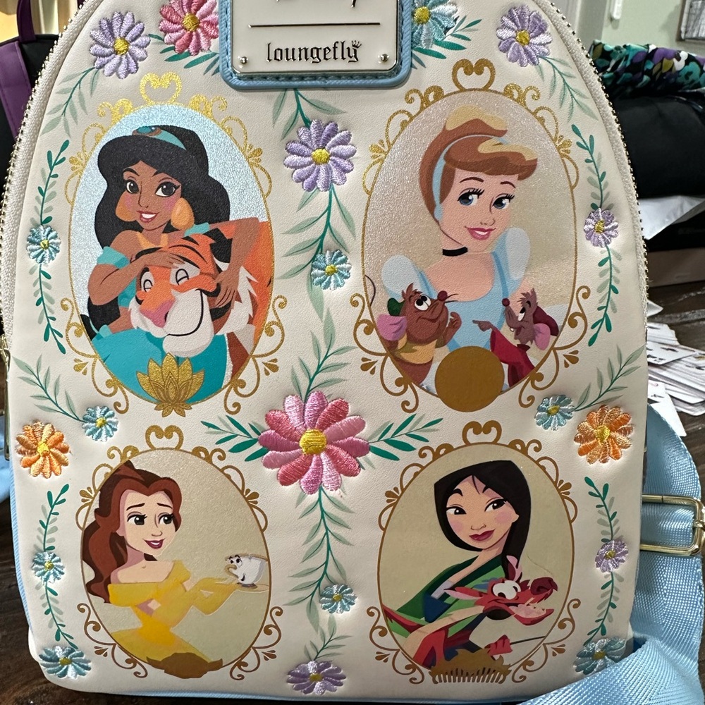 New Loungefly Disney Princess Pearled Glitter Portrait Embroidered Mini Backpack